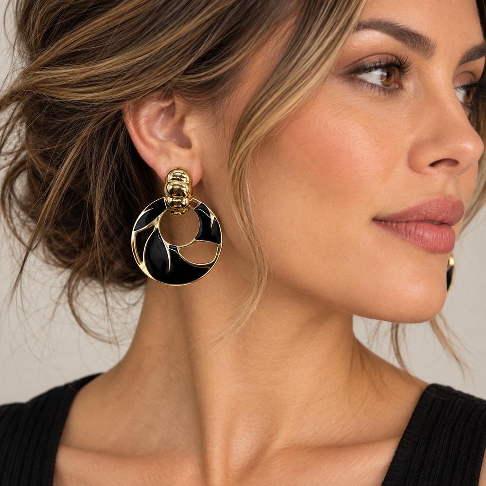 Black Gold Enamel Round Earrings Statement Mod Retro Glam Pierced